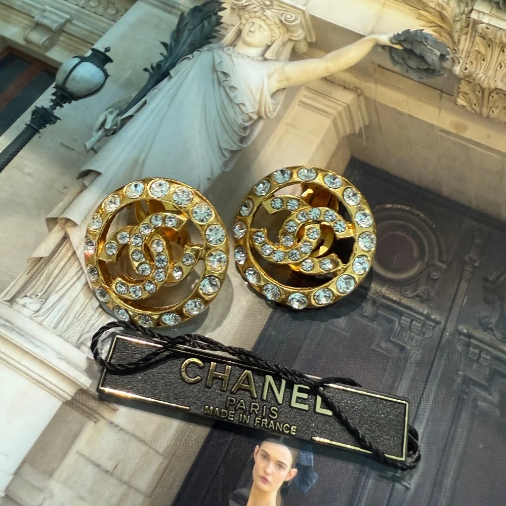 LOT 2018 24K gold plated CHANEL Gold and Crystal Logo Earrings
